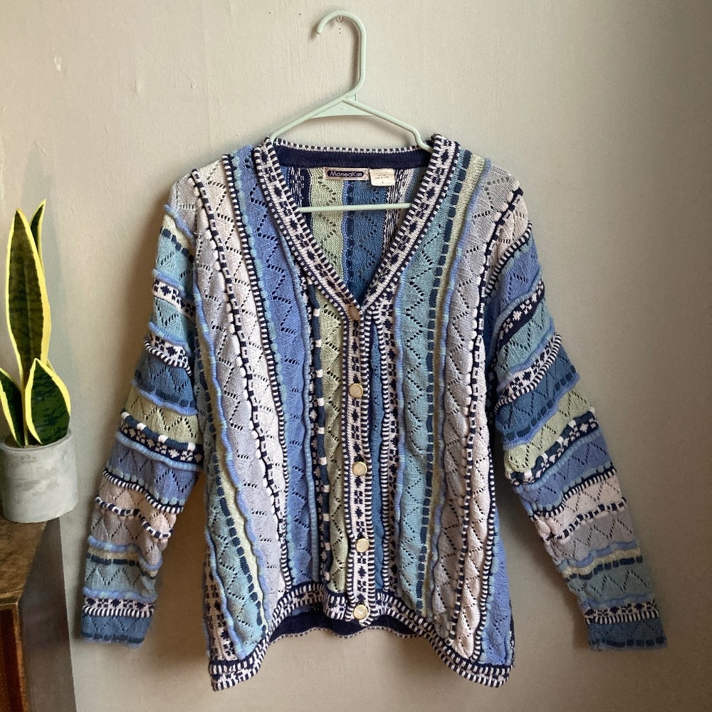 Vintage Coogi style button up blue sweater
